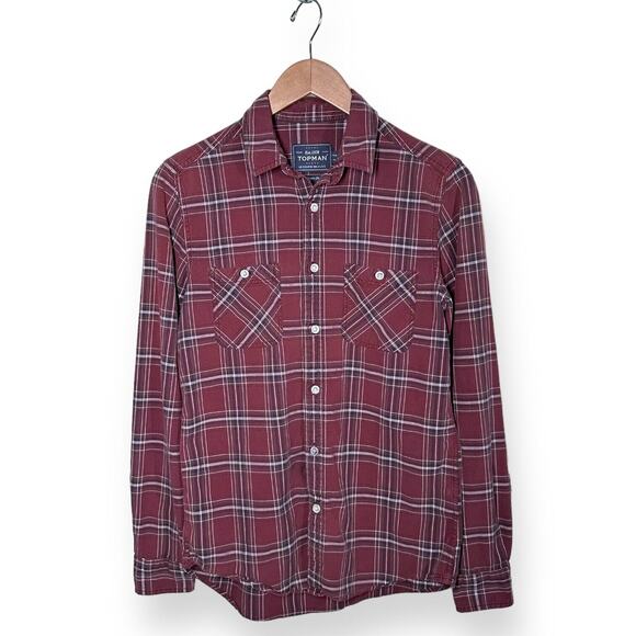 TOPMAN Button Up Shirt Plaid Classic Fit Night Out Red Blue Casual Small - Picture 3 of 8